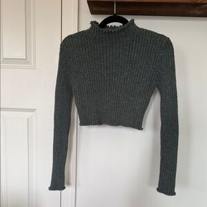 Sadie & Sage Olive Ribbed Lettuce-Edge Cropped Turtleneck